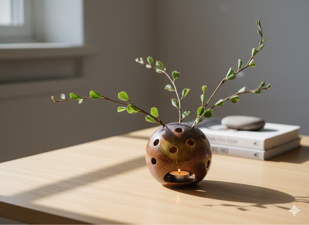 Vintage Ikebana vase orb sphere Ceramic brown glaze Approx. 7" Art Pottery
